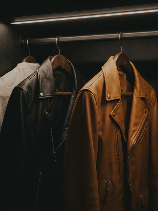 Leather jackets hanging in storage