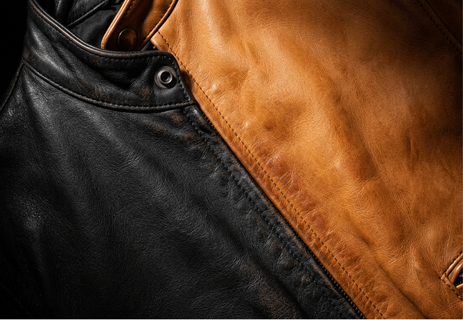 Close-up of leather grain and patina across panels