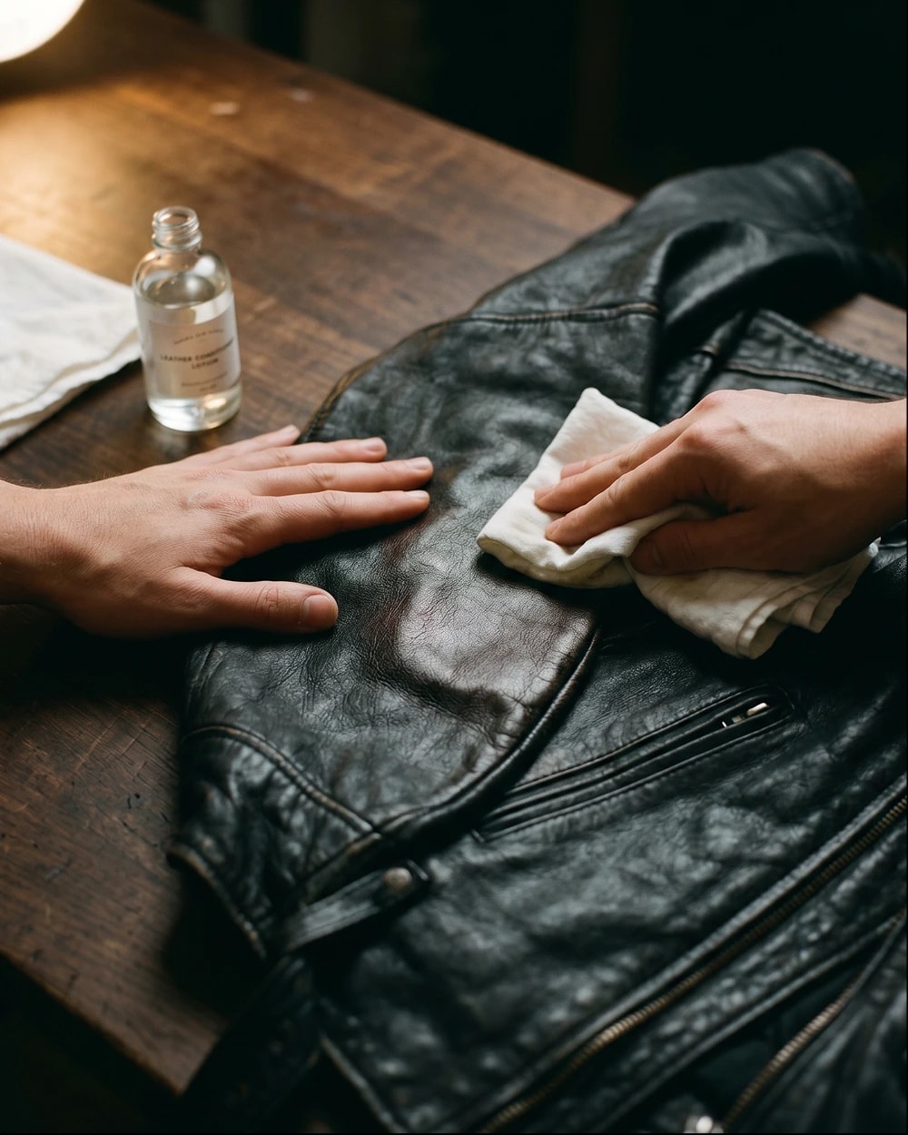 Leather jacket and denim on a rack