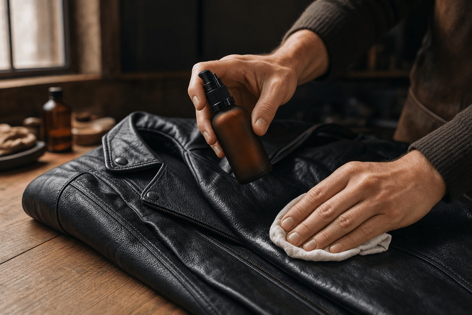 Applying leather conditioner to a black LHEATHER jacket